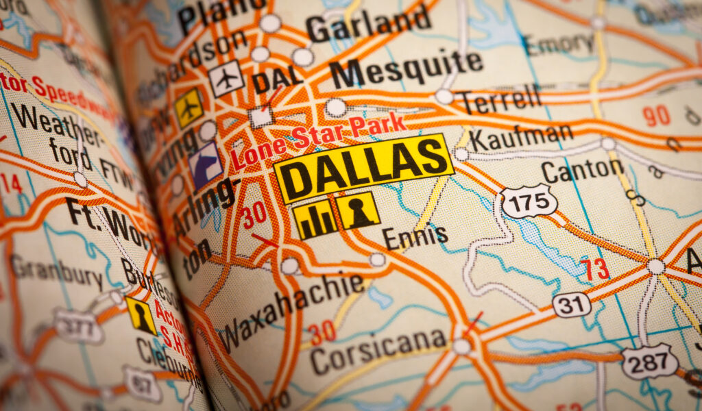 Image of a road atlas map centered on Dallas and surrounding areas to illustrate does Dallas have a music scene.